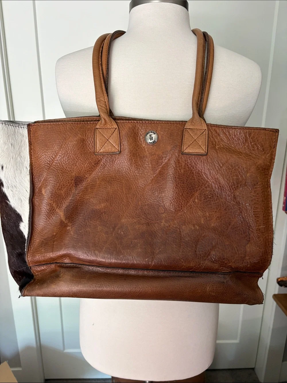 Two Bar West Brown Studded Fleur Tote with Tan Handles and hide sides